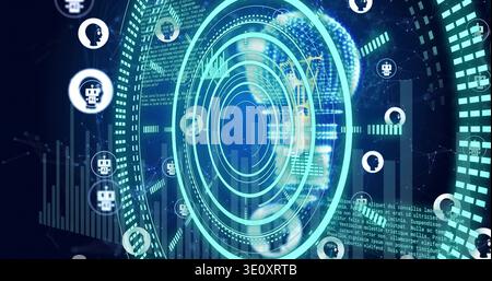 Displaying concentric HUD rings rotating and pulsing in dashboard, with robot icons, bar charts Stock Photo