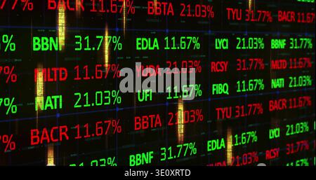 Displaying ticker on trading screen showing alphanumeric-tickers, % grid-blue guides, amber streaks Stock Photo