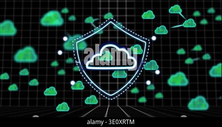 Glowing neon shield showing dotted strokes and cloud icon in black grid, linking cloud nodes Stock Photo