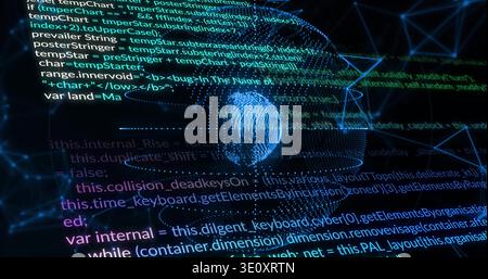 Rotating dotted globe intersecting wireframe network on dark virtual canvas, with code text Stock Photo