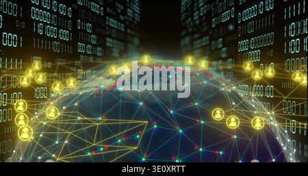 Rotating stylized digital globe showing colorful nodes and yellow user icons in data corridor Stock Photo