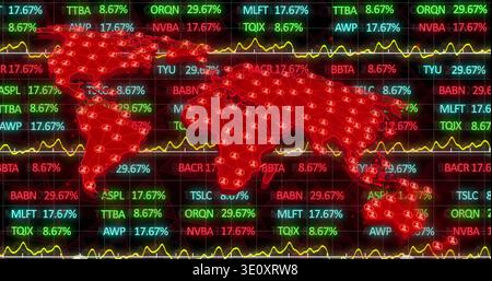 Displaying stylized red world map across trading screen, showing glowing tickers and yellow charts Stock Photo