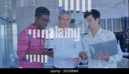 Reading three team members in shirts studying document and laptop at office, phone, glass overlays Stock Photo
