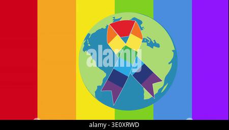 Displaying central globe over six vertical rainbow bands, featuring geometric awareness ribbon Stock Photo