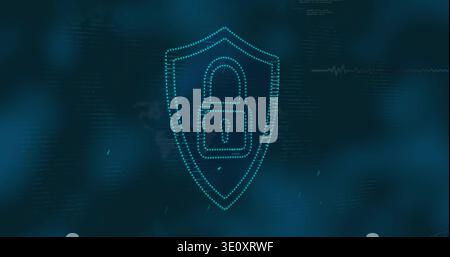 Glowing dotted shield pulsing at center of dark teal gradient, with padlock icon, code lines, ECG Stock Photo