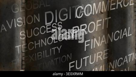 Displaying typographic word cloud over grungy metal wall, showing rust panels and perforated strip Stock Photo