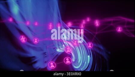 Displaying linked magenta user-node icons pulsing with lit lines in dark void, and blue data stream Stock Photo