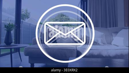 Displaying large white envelope icon overlaying living room center, with sofa and plant Stock Photo