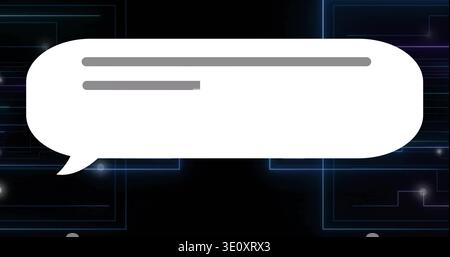 Displaying white speech bubble centered with left tail and two grey bars on neon circuit background Stock Photo