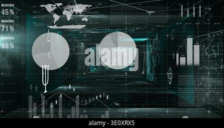 Displaying AR HUD projecting charts, world map and candlesticks in dim tunnel with two round dials Stock Photo