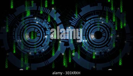 Displaying two blue concentric circular HUDs in dark virtual UI, with falling green binary streams Stock Photo