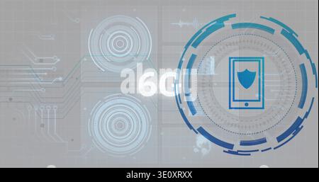 Displaying right-side HUD showing smartphone shield icon on grid with 6G and targets, copy space Stock Photo