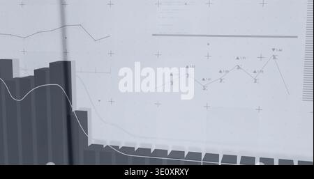 Displaying grayscale 3D bar chart showing layered line plots on printed page, numeric annotations Stock Photo
