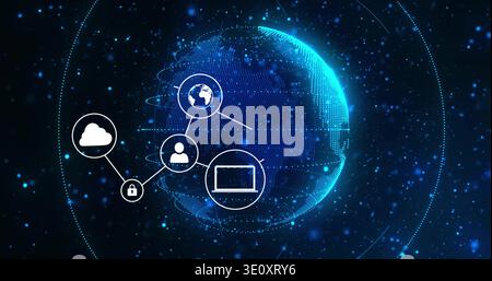 Glowing wireframe globe displaying connected cloud, lock, user, laptop icons in dark cyberspace Stock Photo