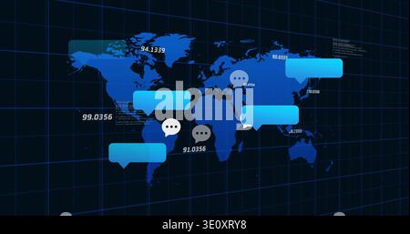 Displaying world map with grid on digital dashboard, showing chat bubbles, coordinates, code Stock Photo