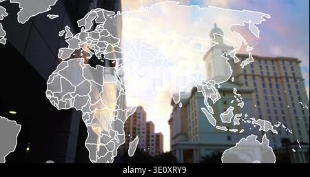 Overlaying translucent world map spanning city street dusk, showing dotted nodes and glass facade Stock Photo
