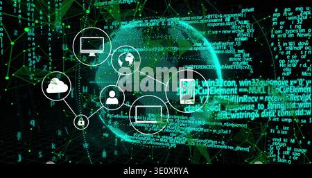 Displaying glowing green dotted globe linking network icons in cyberspace, with streaming code Stock Photo