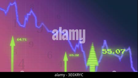 Displaying neonblue jagged line plot trending down with spikes on display labeled 64 Stock Photo