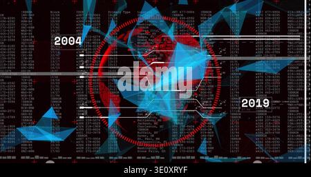Displaying central red reticle intersecting blue mesh on data dashboard, with 2004 and 2019 Stock Photo