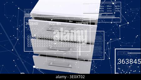Displaying multifunction printer showing numeric readouts, drawers, output tray in studio with UI Stock Photo