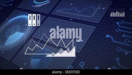 Displaying central translucent panel showing white line graph on dark blue grid, with binder icons Stock Photo