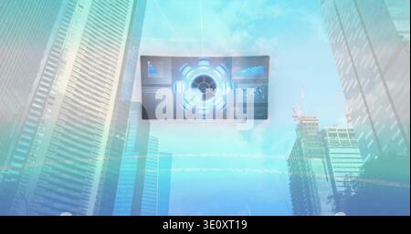 Floating holographic panel hovering over skyscraper canyon, projecting circular HUD and cranes Stock Photo