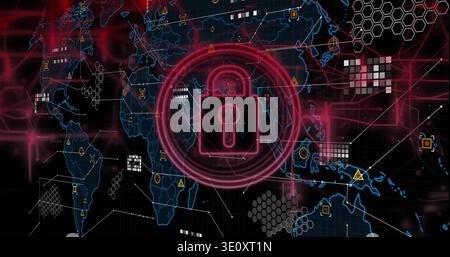 Displaying neon red padlock icon glowing over virtual network grid, showing global map and nodes Stock Photo