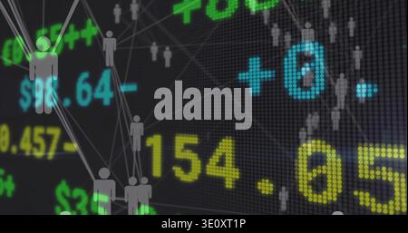 Displaying gray avatar network linking on left of LED market ticker with yellow numbers, copy space Stock Photo