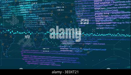Displaying centered world map overlaying teal grid, showing code, hex patterns, teal dot band Stock Photo