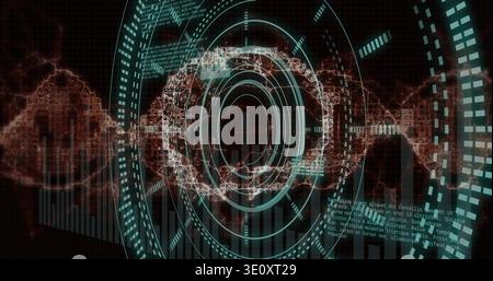 Displaying central circular HUD and intersecting waveform in virtual dashboard, with glowing nodes Stock Photo