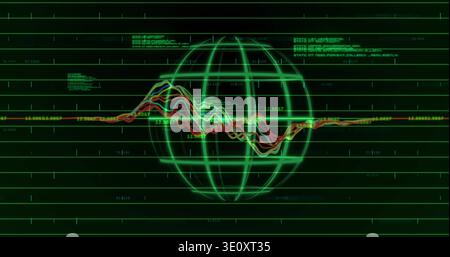 Displaying glowing green wireframe globe crossing rainbow waveform on system UI with grid readouts Stock Photo