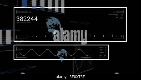 Displaying two white-framed data panels on dark dashboard, showing counter 382244, waveform, globes Stock Photo