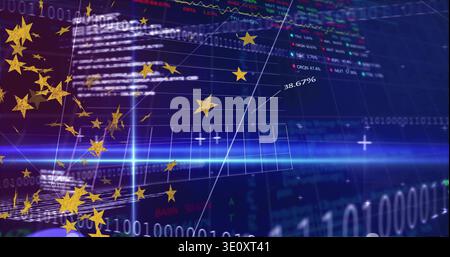 Floating cluster of golden stars moving across finance panels with binary code, blue light, 38 Stock Photo