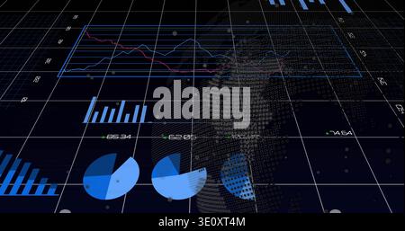 Displaying data dashboard showing multi-line graph, numeric labels, dotted globe on grid plane Stock Photo