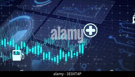 Displaying cyan or teal candlestick chart with fluctuating line and fuel, medical icons on dashboard Stock Photo