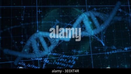 Twisting cyan-blue DNA double helix flowing across virtual UI, displaying grid, globe, readouts Stock Photo
