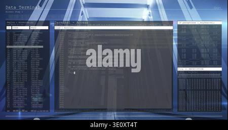 Displaying terminal overlay showing code editor, USER PASS panel, IP table, hex dump in server hall Stock Photo