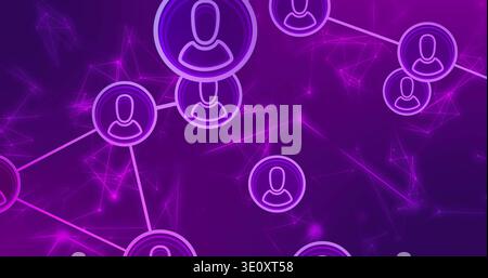Displaying purple network centered in virtual space, showing circular avatar nodes, neon lines Stock Photo