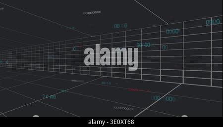 Forming wireframe grid corridor receding left in VR corridor, showing cyan HUD digits and red marks Stock Photo