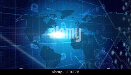 Displaying stylized world map and data overlay on dashboard, emitting central glow and brain icons Stock Photo