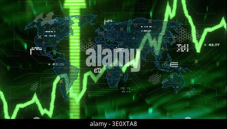 Displaying digital world map and jagged green line crossing virtual dashboard, with hex clusters Stock Photo