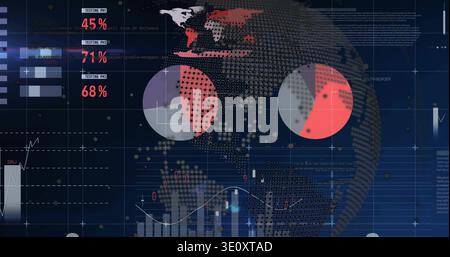 Displaying analytics UI showing dotted globe on navy panel, with pie charts, percent readouts Stock Photo