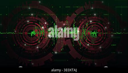 Displaying neon green waveform linking paired concentric HUD rings on dark interface, with readouts Stock Photo