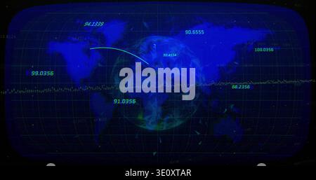 Displaying stylized world map and translucent globe on curved bezel, showing green readouts Stock Photo