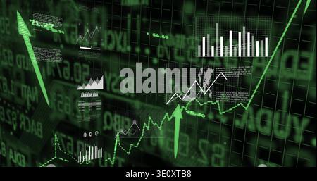 Displaying rising green trend line moving across onscreen trading dashboard, with bars and arrows Stock Photo