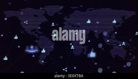 Displaying stylized world map connecting continents on holographic dashboard, with glowing nodes Stock Photo