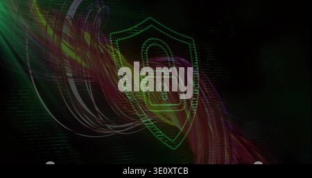 Pulsing neon-green dotted shield with padlock icon floating in virtual space, with colorful ribbons Stock Photo