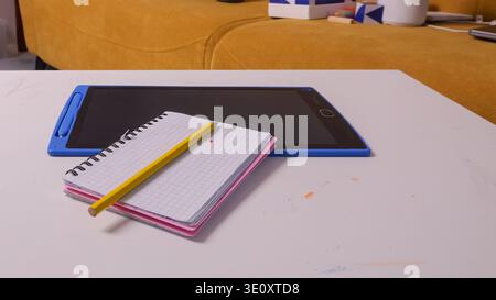 Modern Workspace Arrangement. Creative Planning Station Setup. Contemporary Environment For Note Taking And Designing. Sophisticated Desk Scene With Stock Photo
