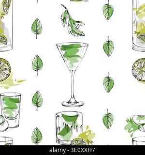 Absinthe, Appletini shot, Caipirinha, gin tonic and Mojito cocktails with celery and mint leaves. Vector seamless pattern in fresh citrus tones hand Stock Vector