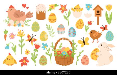 Large set of Easter elements for design on a white background Stock Vector